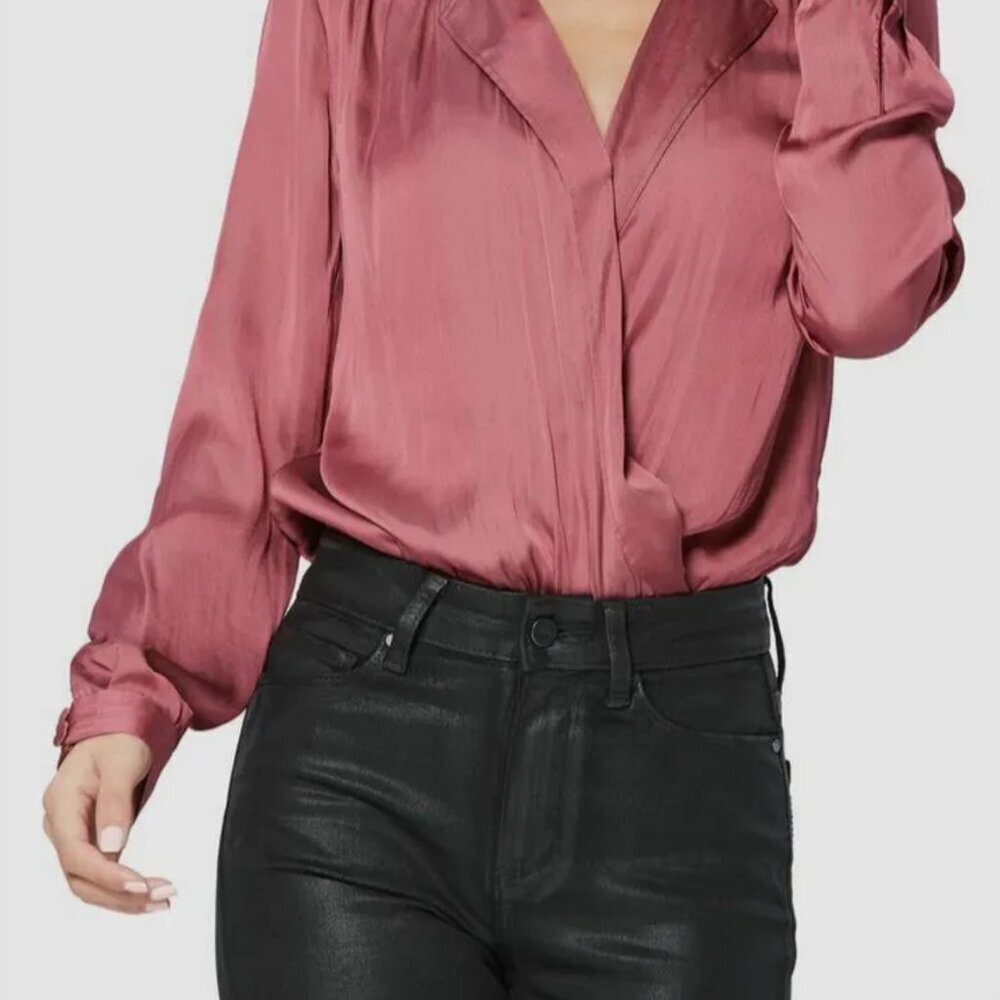 Paige Sevynne Surplice V Neck Shirt Bodysuit Silky Satin Long Sleeves Top L